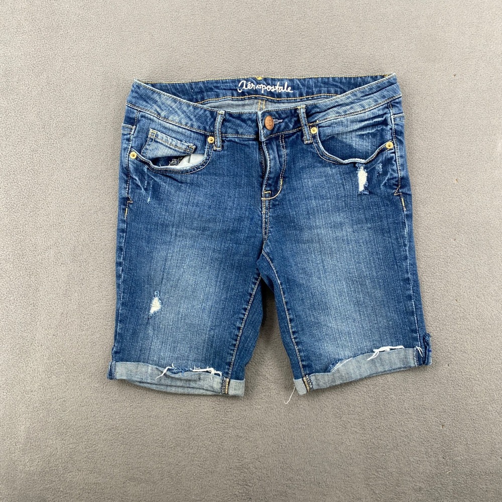 Aeropostale Womens Bermuda Denim Shorts Size 6 Blue Distressed Y2K Cuffed Hem
